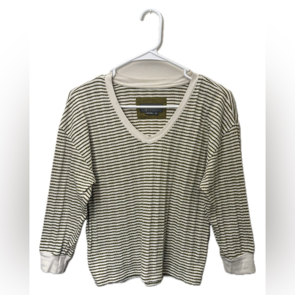 Anthropologie Olive & Cream Striped V-Neck Long Sleeve Top